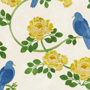 Blue Birds and Yellow Roses  on Watercolor Cream Background Large  Format