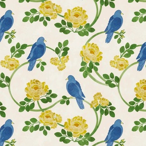 Blue Birds and Yellow Roses  on Watercolor Cream Background Small  Format