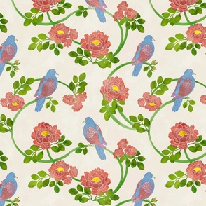 Pink Roses and Blue  Birds on Watercolor Cream Background  Large Format 
