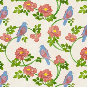 Pink Roses and Blue  Birds on Watercolor Cream Background  Small Format 