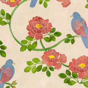 Pink Roses and Blue  Birds on Watercolor Beige Background  Large Format 