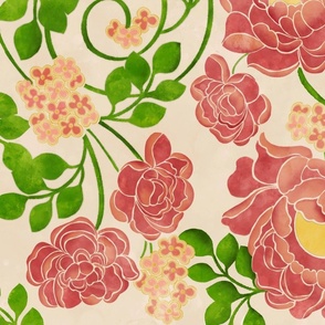 Pink Roses on Watercolor Beige  Background Large Format