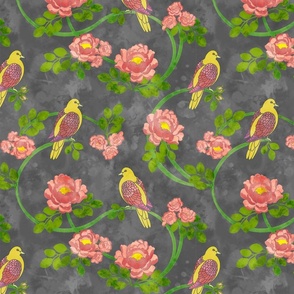 Pink Roses and Yellow Birds on Watercolor Grey Background 