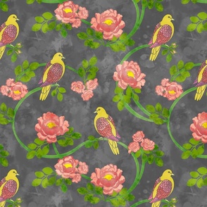 Pink Roses & Yellow Birds on Grey Large