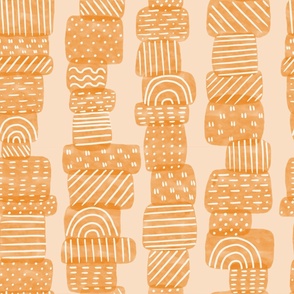 Painted Orange Shapes Stripes with White Doodles on Peach by Sarah Price