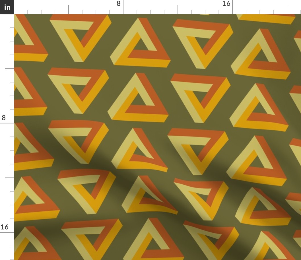 Mod Op Art Penrose Triangles in Avocado Orange + Goldenrod