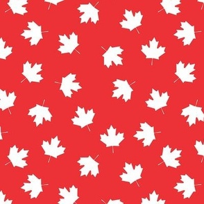 Canadian Flag White Maple Leaves Scattered on a Red Background