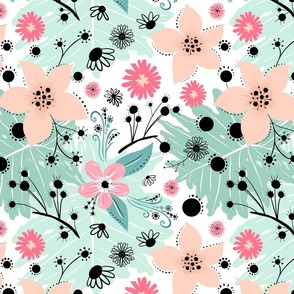 Tropical Pastel Florals and Leaves - Mint_ Peach and Pink