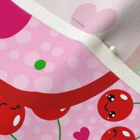Large 27x18 Fat Quarter Panel for Tea Towel or Wall Art Hanging Happy Kawaii Cherries I Cherry-Ish You Hearts on Pink
