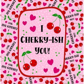 14x18 Panel for DIY Garden Flag Wall Hanging or Hand Towel Happy Kawaii Faces I Cherry-Ish You Red Cherries and Pink Hearts