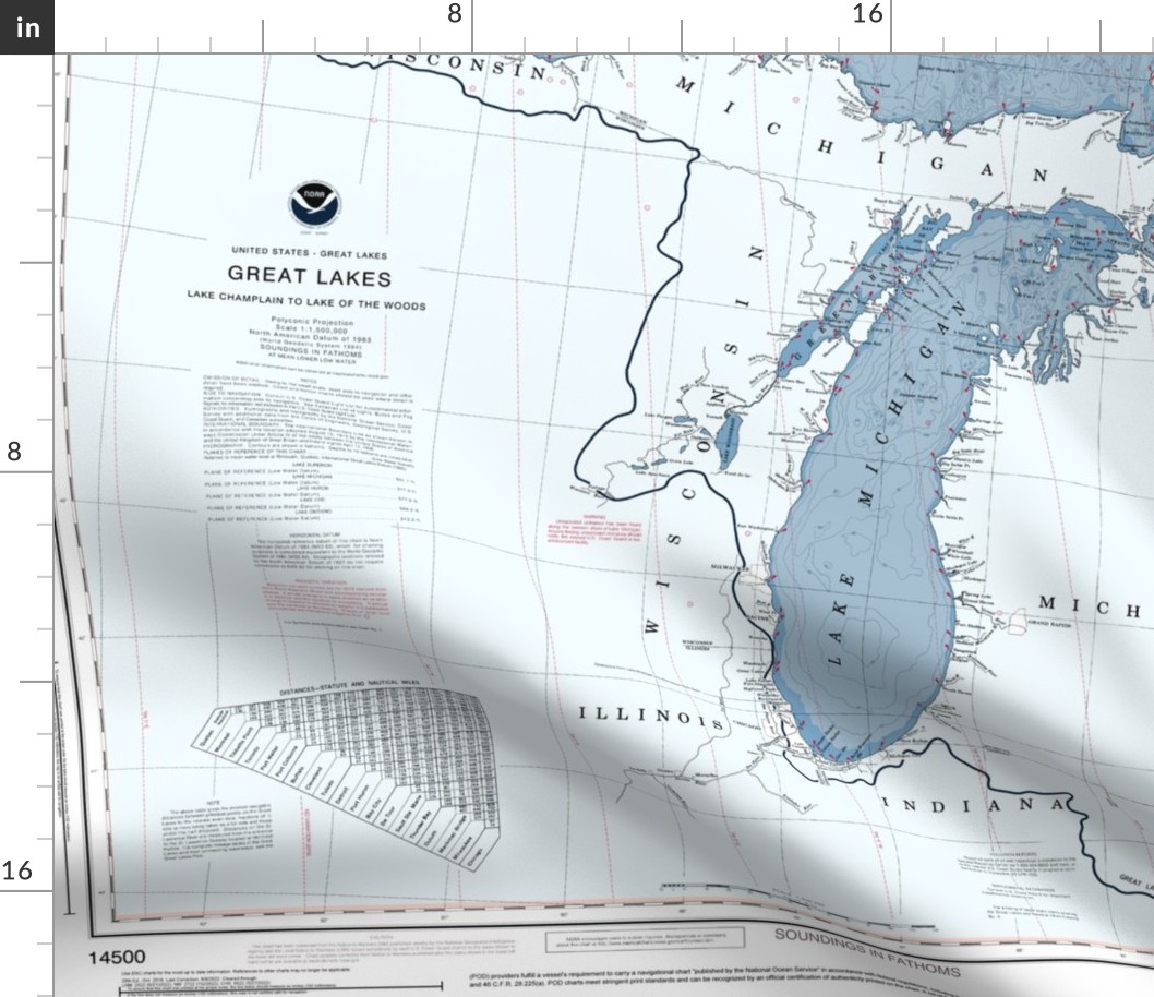 NOAA Great Lakes nautical chart #14500, recolored, 42x31.5" - fits one yard of narrow fabrics