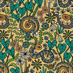 Coloring Book Garden Snakes Doodle Floral Botanical Line Drawing in Retro 70s Colors - MEDIUM Scale - UnBlink Studio by Jackie Tahara