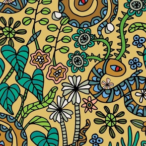 Coloring Book Garden Snakes Doodle Floral Botanical Line Drawing in Retro 70s Colors - LARGE Scale - UnBlink Studio by Jackie Tahara