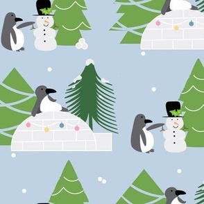penguin design with green trees