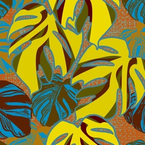 Monstera Leaves Yellow, Blue, Green, Orange