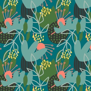 Abstract Florals in Teal - Medium