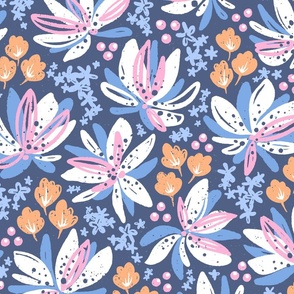 Various texture flowers on indigo background