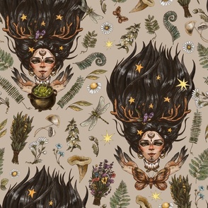 Green witch, woodland plants on beige