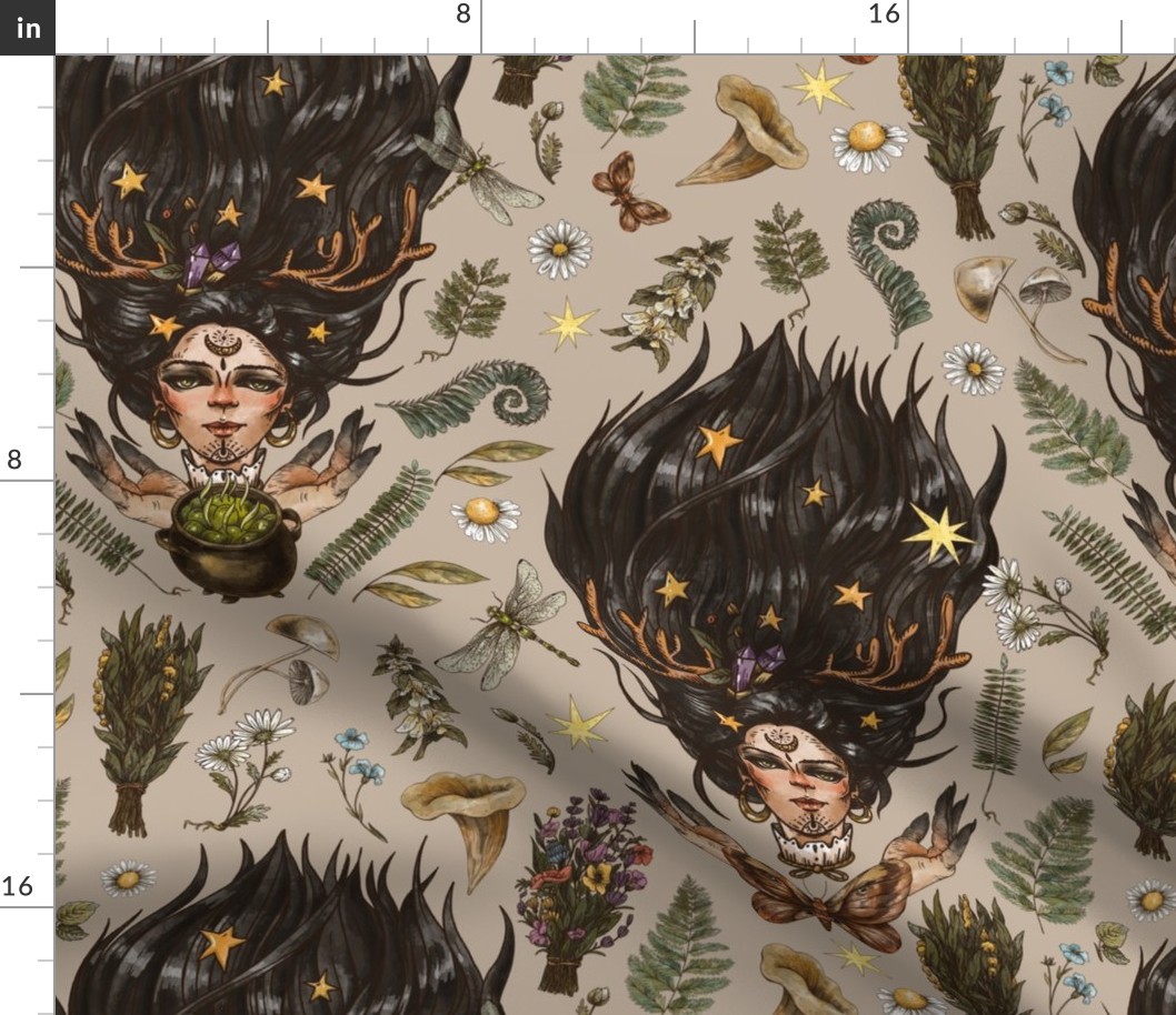 Green witch, woodland plants on beige