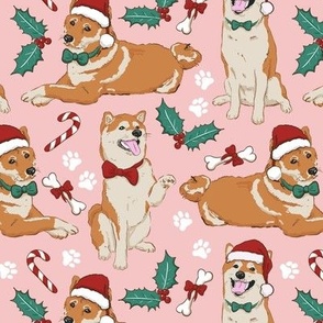 shiba inu christmas dog fabric blush pink