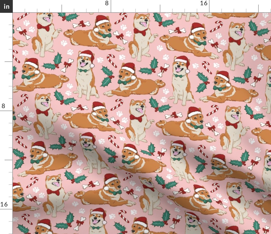 shiba inu christmas dog fabric blush pink