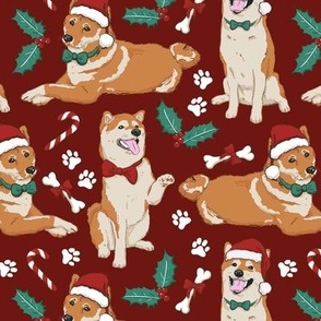 shiba inu christmas dog fabric deep red