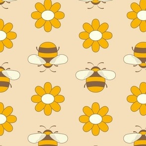 Bumble Bee and Daisy, Two Directional Pattern in Sunny Golden Yellow, Warm Brown and Cream Ivory White 