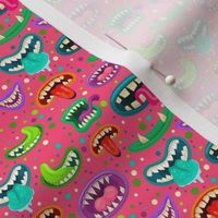 Small Scale Monster Mouths Funny Fangs Vampire Teeth and Tongues on Hot Pink