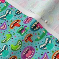 Small Scale Monster Mouths Funny Fangs Vampire Teeth and Tongues on Blue