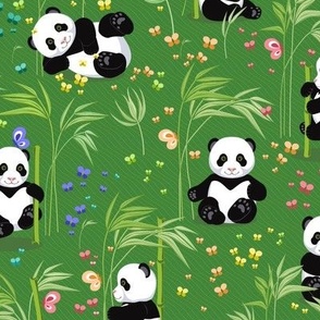 Panda with bamboo, green background