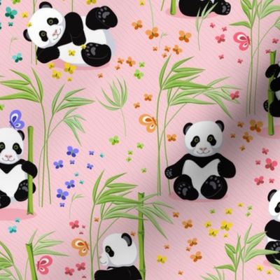 Panda with bamboo, pink background