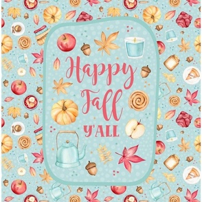 14x18 Panel for DIY Garden Flag Smaller Wall Hanging or Hand Towel Happy Fall Y'all Autumn Comforts Pumpkins Candles Apple Picking Leaves on Soft Blue