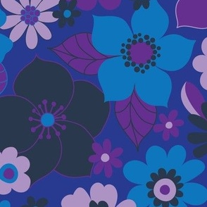 Sunshine garden - purple, blue and mauve on bright blue - Medium - large scale