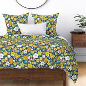 Sunshine garden - orange, lemon and turquoise on rich blue - Medium