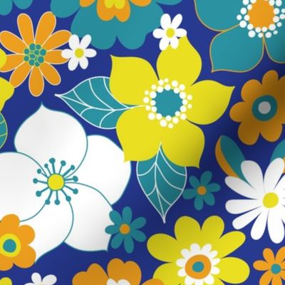 Sunshine garden - orange, lemon and turquoise on rich blue - Medium