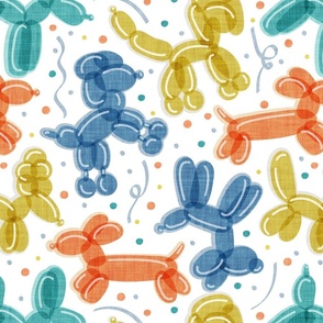 Normal scale // Let's pawty! // white background multicoloured orange yellow blue and mint fun party balloon dogs and confetti