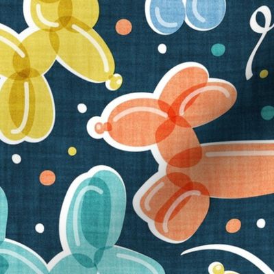 Normal scale // Let's pawty! // nile blue background multicoloured orange yellow blue and mint fun party balloon dogs and confetti
