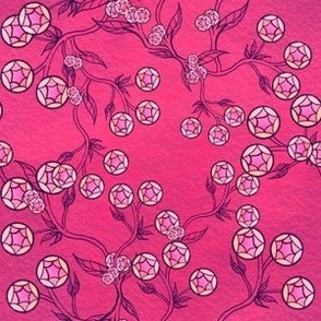 Bright pink background with geometric flowers and handdrawn branches small