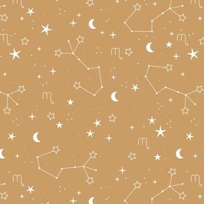 Zodiac signs series - scorpio child stars and moon celestial constellation night design on caramel camel yellow ochre