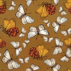 Little brown butterflies and white butterflies on copper watercolour background small