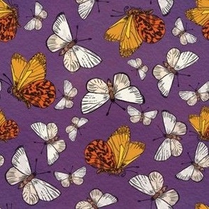 White butterflies and brown butterflies on mulberry, aubergine, eggplant watercolour background small