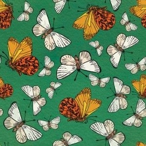Emerald green watercolour background with white and little brown butterflies, tossed, small