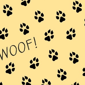 Woof and paw prints on yellow