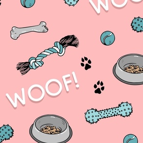 Woof, paw prints and toys on pink