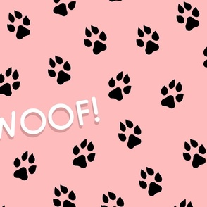 Woof and paw prints on pink