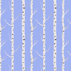 Aspen trunks with falling leaves on a periwinkle background