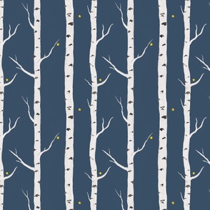 Aspen trunks with falling leaves on a deep slate blue background