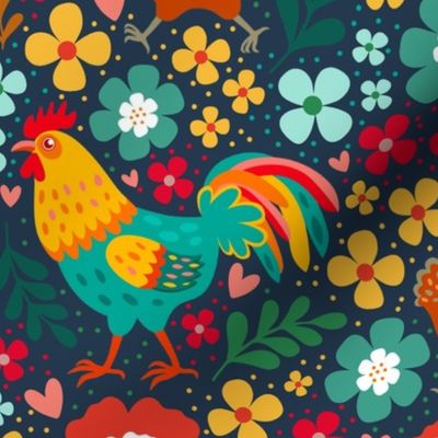 Large Scale Colorful Roosters Chickens Hens and Flowers on Navy 
