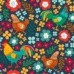 Large Scale Colorful Roosters Chickens Hens and Flowers on Navy 