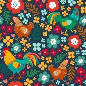 Medium Scale Colorful Roosters Chickens Hens and Flowers on Navy